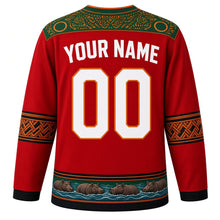 Load image into Gallery viewer, Zambia Original Hockey Jersey in Bougainvillea Red, back view with your name and number – chitenge-print yoke and Tonga basket zigzag sleeve bands