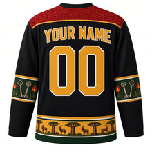 Load image into Gallery viewer, Zimbabwe Original Hockey Jersey in Granite Black, back view with your name and number – dry-stone chevron masonry yoke and mbira-key sleeve bands