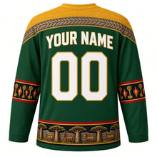 Load image into Gallery viewer, Zimbabwe Original Hockey Jersey in Msasa Green, back view with your name and number – dry-stone chevron masonry yoke and mbira-key sleeve bands