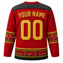 Load image into Gallery viewer, Zimbabwe Original Hockey Jersey in Flame Lily Red, back view with your name and number – dry-stone chevron masonry yoke and mbira-key sleeve bands