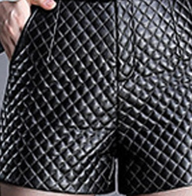 1pcs High waist shorts Women's leather shorts  Spring New Fashion faux fur PU leathe plaid Ladies Skinny Leatherwear shorts