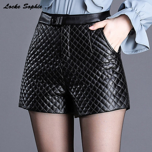 1pcs High waist shorts Women's leather shorts  Spring New Fashion faux fur PU leathe plaid Ladies Skinny Leatherwear shorts