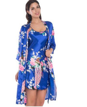 Load image into Gallery viewer, 2 Piece Set Women Silk Peacock Kimono Robes Sexy Lingerie Women Wedding Party Bridesmaid Robe Satin Nightgown Bathrobe Pijam