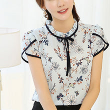 Load image into Gallery viewer, 2017 Summer Floral Print Chiffon Blouse Ruffled Collar Bow Neck Shirt Petal Short Sleeve Chiffon Tops Plus Size Blusas Femininas
