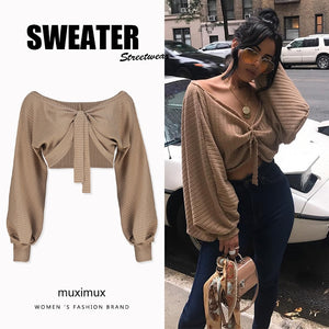2018 Autumn Women Sweaters Lantern Sleeve Loose Pullover Female Streetwear Jumper Winter Knitted Short Sweater
