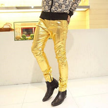 Load image into Gallery viewer, 2018 Men skinny faux leather leisure pants black gold silver pu Shiny pants singers club performance on stage Dancer jeans plus