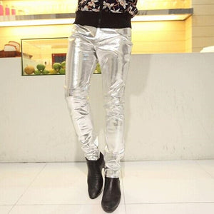2018 Men skinny faux leather leisure pants black gold silver pu Shiny pants singers club performance on stage Dancer jeans plus