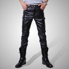Load image into Gallery viewer, 2018 Men skinny faux leather leisure pants black gold silver pu Shiny pants singers club performance on stage Dancer jeans plus