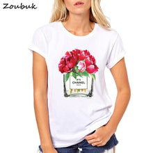 Load image into Gallery viewer, 2018 Summer Tops Women Flower Perfume t shirt camisetas mujer Fashion Ladies O-neck Short Sleeve tops White high quality t-shirt