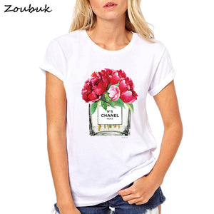 2018 Summer Tops Women Flower Perfume t shirt camisetas mujer Fashion Ladies O-neck Short Sleeve tops White high quality t-shirt