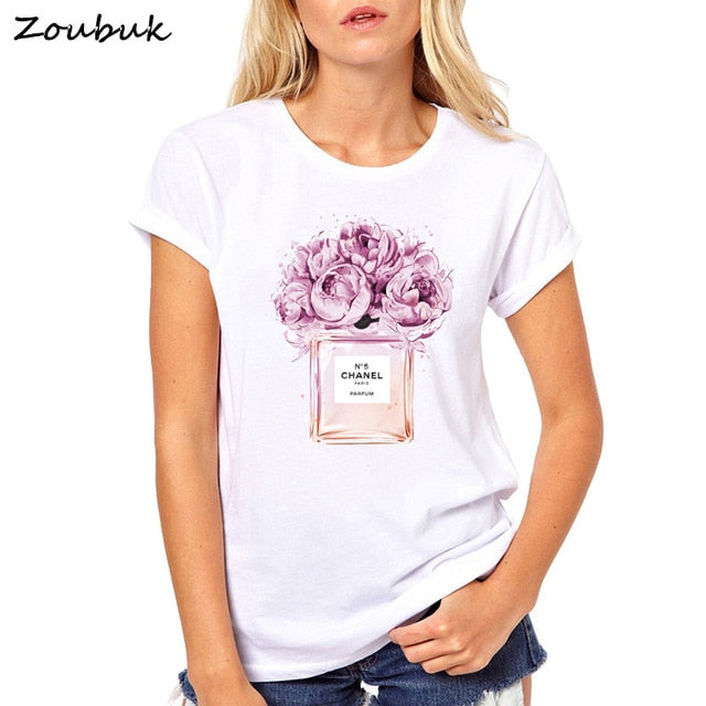 2018 Summer Tops Women Flower Perfume t shirt camisetas mujer Fashion Ladies O-neck Short Sleeve tops White high quality t-shirt