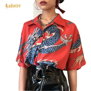 2018 Summer Women Tops Harajuku Blouse Women Dragon Print Short Sleeve Blouses Shirts Female Streetwear kz022