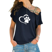 Load image into Gallery viewer, 2018 T-shirt Women Fashion Dog Cat Paw Heart Plus Size Tshirt Tops Punk Harajuku  Cross-shoulder Irregular Short-sleeved T-shirt