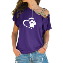 Load image into Gallery viewer, 2018 T-shirt Women Fashion Dog Cat Paw Heart Plus Size Tshirt Tops Punk Harajuku  Cross-shoulder Irregular Short-sleeved T-shirt