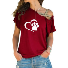 Load image into Gallery viewer, 2018 T-shirt Women Fashion Dog Cat Paw Heart Plus Size Tshirt Tops Punk Harajuku  Cross-shoulder Irregular Short-sleeved T-shirt