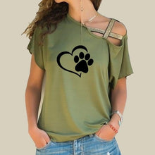 Load image into Gallery viewer, 2018 T-shirt Women Fashion Dog Cat Paw Heart Plus Size Tshirt Tops Punk Harajuku  Cross-shoulder Irregular Short-sleeved T-shirt