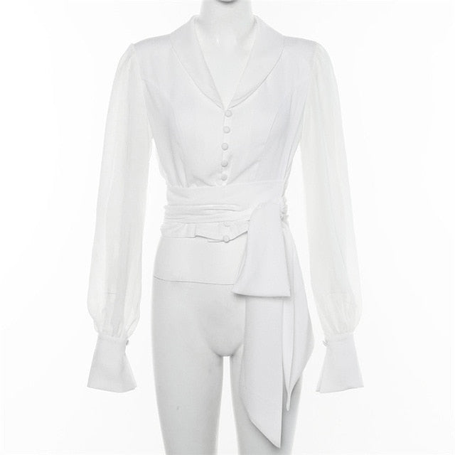 2019 Autumn Women Chiffon Blouse Shirt Lace Up Long Sleeve Solid White Ladies Blouse For Women Female