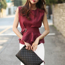 Load image into Gallery viewer, 2019 High Quality Summer Women Fashion Shirts O-neck Sleeveless Belted Blouse Elegant cotton Linen Tops Femme Chemise Blusas