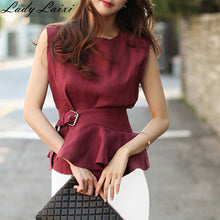 Load image into Gallery viewer, 2019 High Quality Summer Women Fashion Shirts O-neck Sleeveless Belted Blouse Elegant cotton Linen Tops Femme Chemise Blusas