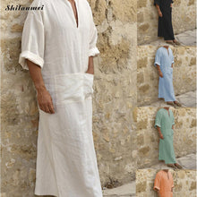 Load image into Gallery viewer, 2019 Muslim Fashion Men Islamic Cloth Jubah Thobe Robes Kaftan Pockets Plus Size Solid Arabic Dubai Short Sleeve Abaya Clothing