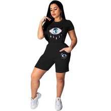 Load image into Gallery viewer, 2019 New Sexy Sequins Women Set 2 Piece Outfits Big Lips Eyes T Shirts Knee Length Pants Streetwear Red Black Blue Yellow Pink