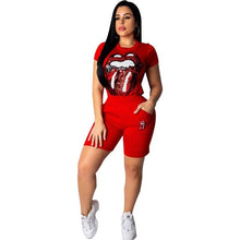 Load image into Gallery viewer, 2019 New Sexy Sequins Women Set 2 Piece Outfits Big Lips Eyes T Shirts Knee Length Pants Streetwear Red Black Blue Yellow Pink