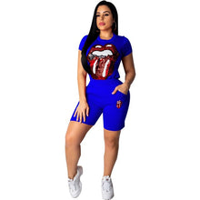 Load image into Gallery viewer, 2019 New Sexy Sequins Women Set 2 Piece Outfits Big Lips Eyes T Shirts Knee Length Pants Streetwear Red Black Blue Yellow Pink