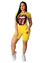 Load image into Gallery viewer, 2019 New Sexy Sequins Women Set 2 Piece Outfits Big Lips Eyes T Shirts Knee Length Pants Streetwear Red Black Blue Yellow Pink