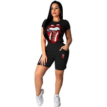 Load image into Gallery viewer, 2019 New Sexy Sequins Women Set 2 Piece Outfits Big Lips Eyes T Shirts Knee Length Pants Streetwear Red Black Blue Yellow Pink