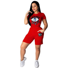 Load image into Gallery viewer, 2019 New Sexy Sequins Women Set 2 Piece Outfits Big Lips Eyes T Shirts Knee Length Pants Streetwear Red Black Blue Yellow Pink