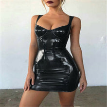 Load image into Gallery viewer, 2019 Sexy Backless Club Party Short Dress Solid Black Wet Look Latex Bodycon Faux Leather Push Up Bra Mini Micro Dress Leotard
