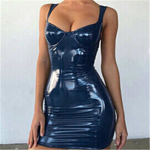 Load image into Gallery viewer, 2019 Sexy Backless Club Party Short Dress Solid Black Wet Look Latex Bodycon Faux Leather Push Up Bra Mini Micro Dress Leotard
