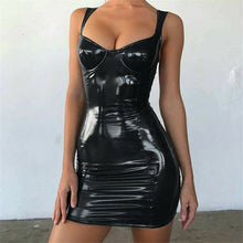 Load image into Gallery viewer, 2019 Sexy Backless Club Party Short Dress Solid Black Wet Look Latex Bodycon Faux Leather Push Up Bra Mini Micro Dress Leotard