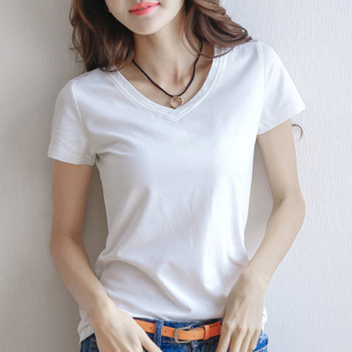 2019 Spring Summer Women Cotton T-shirt Black V-Neck Short Sleeve Female Tee Slim White T-Shirt Casual Solid Lady Tshirt Tops
