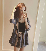 Load image into Gallery viewer, 2019 Summer Casual Plaid Short Pant Suits 2 Piece Set Women's Single Button Pocket Lace Up Bow Notched Female Hot Sale S95514Z