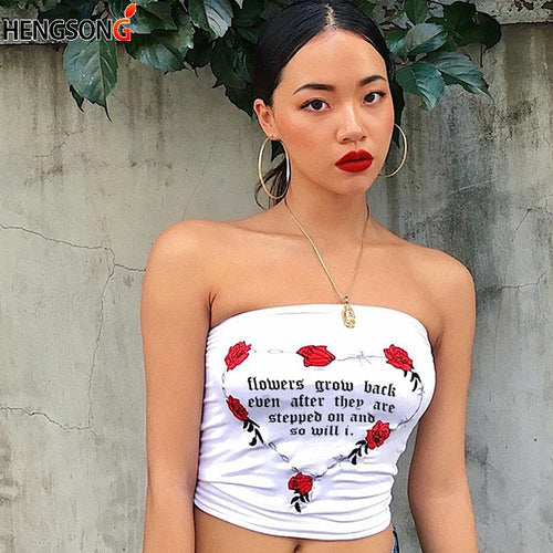 2019 Summer Women Sexy Strapless Tube Top Flower Printed Bandeau Summer Letters Streetwear Off Shoulder Crop Top