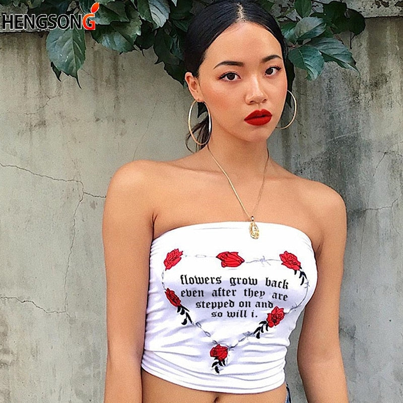 2019 Summer Women Sexy Strapless Tube Top Flower Printed Bandeau Summer Letters Streetwear Off Shoulder Crop Top