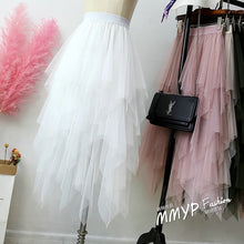 Load image into Gallery viewer, 2019 Women Pink Skirt fashion Casual women's Irregular Tulle High Waist Pleated Tutu Ladies Midi Skirt  fairy Plus Size Skirts