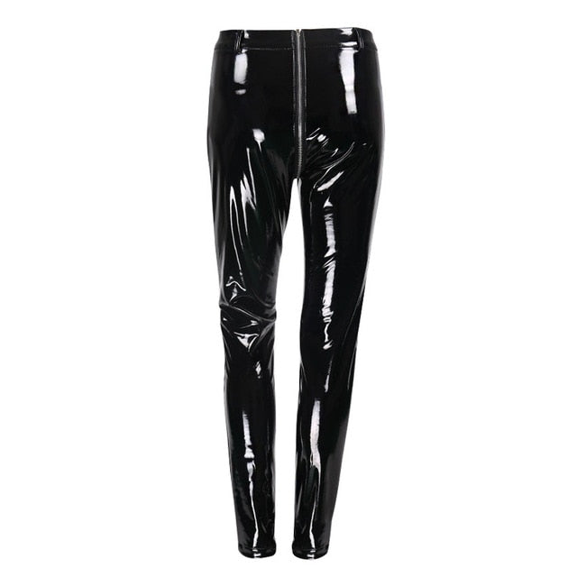 2019  Women Sexy Shiny PU leather Leggings with Back Zipper Push Up Faux Leather Pants Latex Rubber Pants Jeggings Black Red