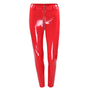 2019  Women Sexy Shiny PU leather Leggings with Back Zipper Push Up Faux Leather Pants Latex Rubber Pants Jeggings Black Red
