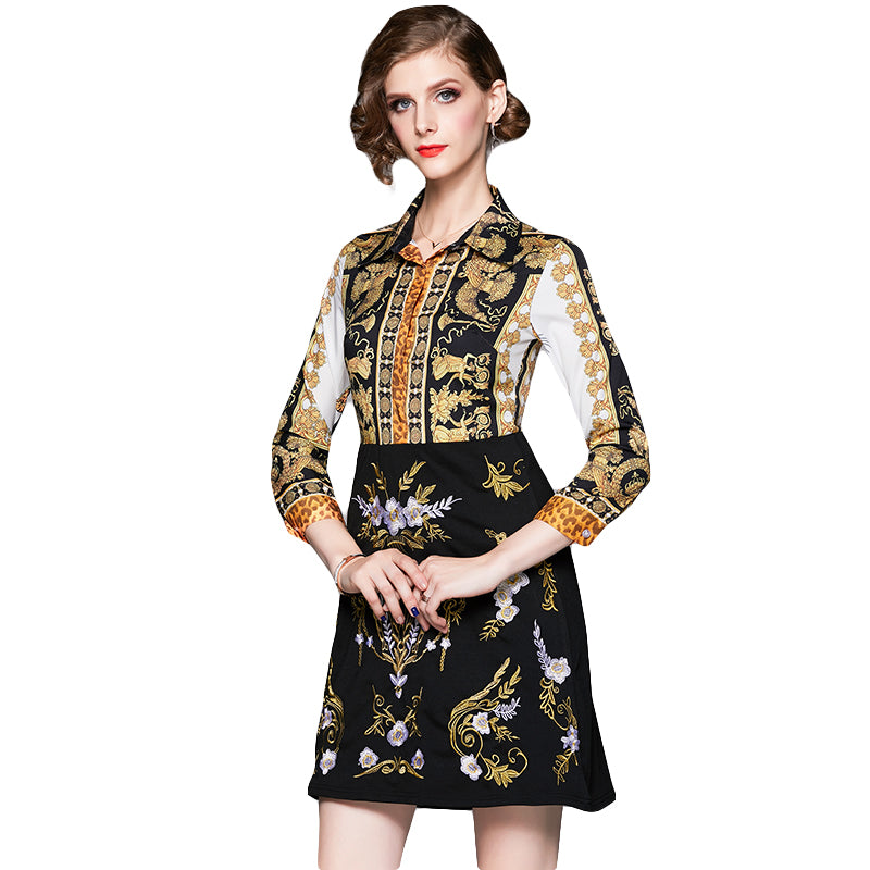 2019 autumn new print stitching heavy embroidery dress elegant temperament luxury slim dress