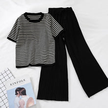 Load image into Gallery viewer, 2019 fashion women's 2 piece set short-sleeved stripe sweater+ High-waisted wide-leg casual pants knitted suit sportswear women