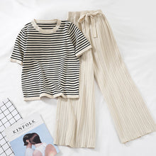 Load image into Gallery viewer, 2019 fashion women's 2 piece set short-sleeved stripe sweater+ High-waisted wide-leg casual pants knitted suit sportswear women