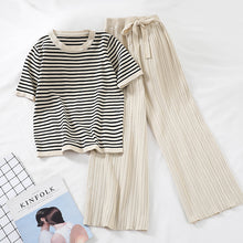 Load image into Gallery viewer, 2019 fashion women's 2 piece set short-sleeved stripe sweater+ High-waisted wide-leg casual pants knitted suit sportswear women