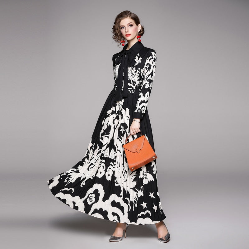 2019 new European and American fashion brand runway looks positioning flowers posed dress long-sleeved pressure plait dress