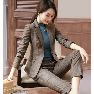 2019 winter new women's suit Casual temperament Slim large plaid suit jacket ladies Slim trouser suit High quality two piece set