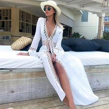 Load image into Gallery viewer, 2020 Bikini Cover-ups Kimono Cardigan Sexy Hollow Out Summer Dress White Cotton Tunic Women Beach Wear Swim Suit Cover Up Q964