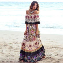 Load image into Gallery viewer, 2020 Bohemian Style Women's Summer Long Dresses Vintage Print Off Shoulder Sexy Beach Female Dress Loose Tassel Big Swing Dress
