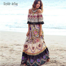 Load image into Gallery viewer, 2020 Bohemian Style Women's Summer Long Dresses Vintage Print Off Shoulder Sexy Beach Female Dress Loose Tassel Big Swing Dress