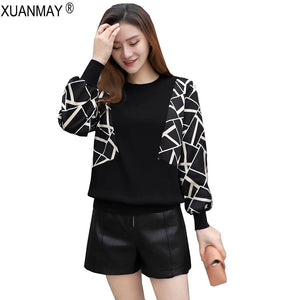 2020 Brand Design Casual Pullover Sweater Spring women lace stitching Knit Sweater Elegant leopard print Black Knitting Top